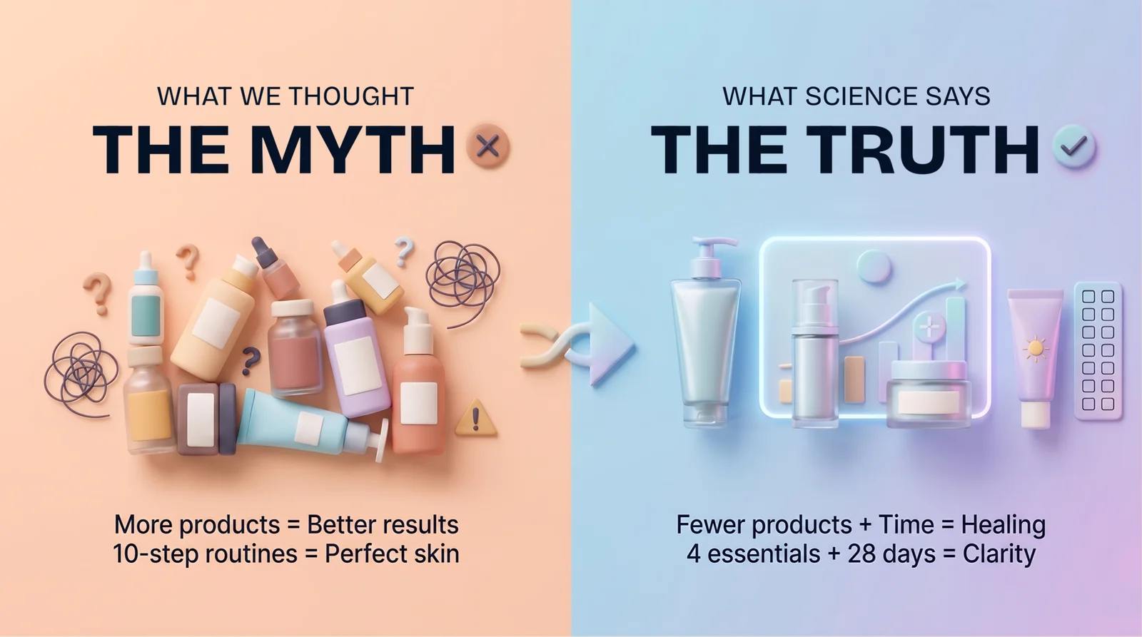 Side-by-side comparison infographic: left shows 10 chaotic skincare products with question marks labeled "The Myth," right shows 4 organized products with checkmarks labeled "The Truth - Fewer products aligned with 28-day skin renewal cycle"